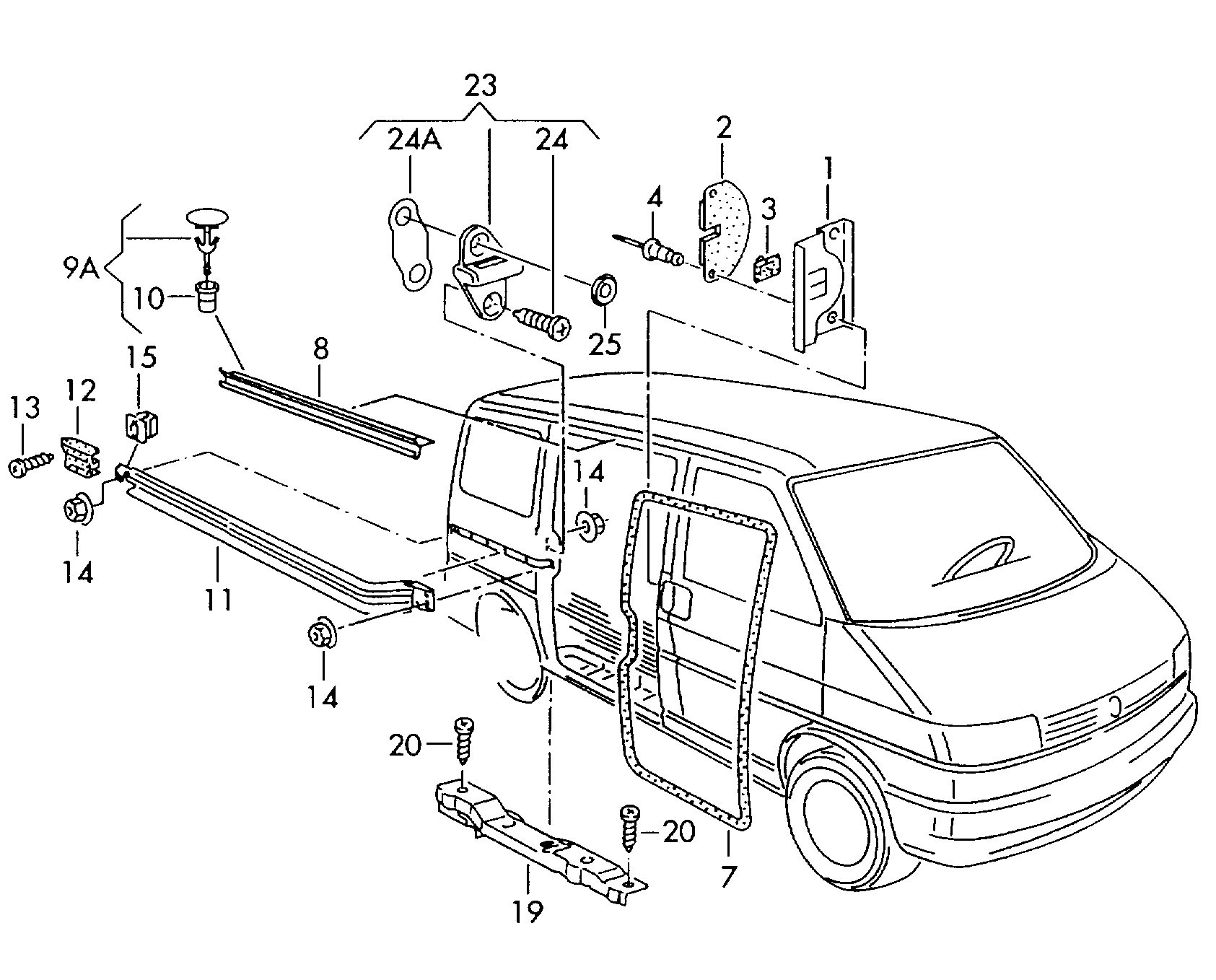 Sina mijloc exterioara usa culisanta crom Vw Transporter T 4 (poz.14)